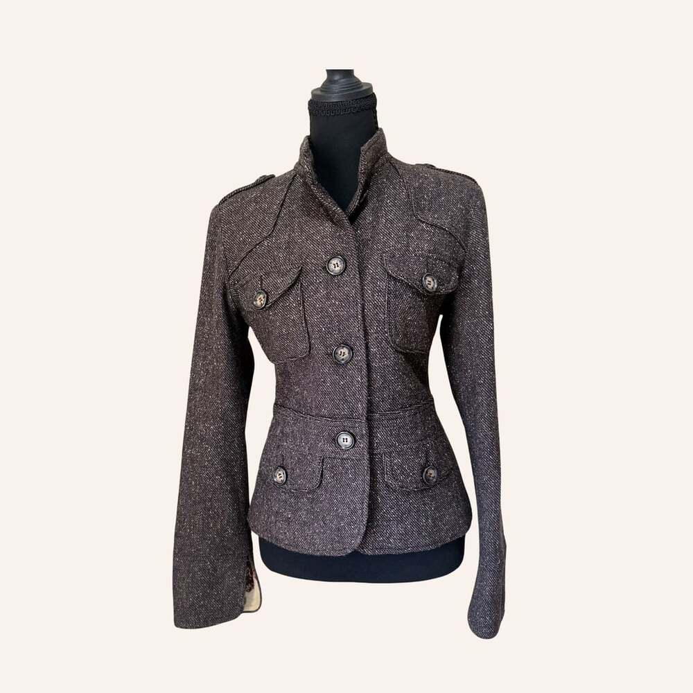zara basic wool silk tweed military jacket floral lining
